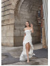 Off Shoulder Ivory Satin Slit Classic Wedding Dress